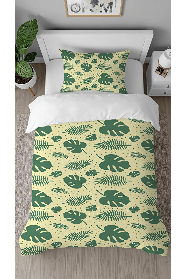 Yaprak Patterned Digital Print Special Design Bed Sheet Sız Single Stylish Duvet Cover Set