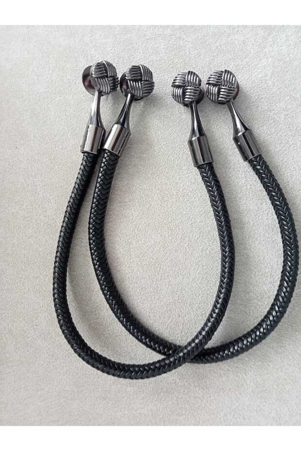 44 cm Braided with Leather-Look Black Metal Sleeves and Bag Handles - Double