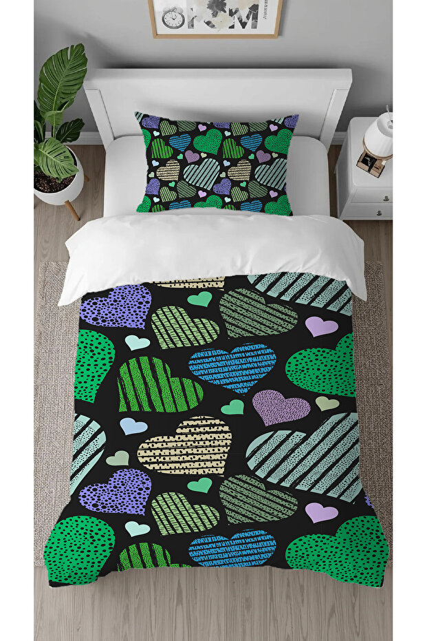 Heart Love Affection Patterned Specially Designed with Digital Print Pieces Bed Sheet Sız Single Stylish Duvet Cover Set
