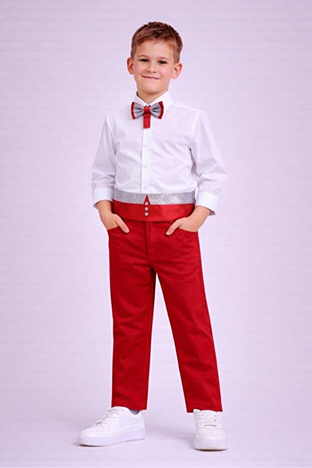 Boy's 23 April 29 October Waist Belt Bow Tie&Shirt Pants Set Noble