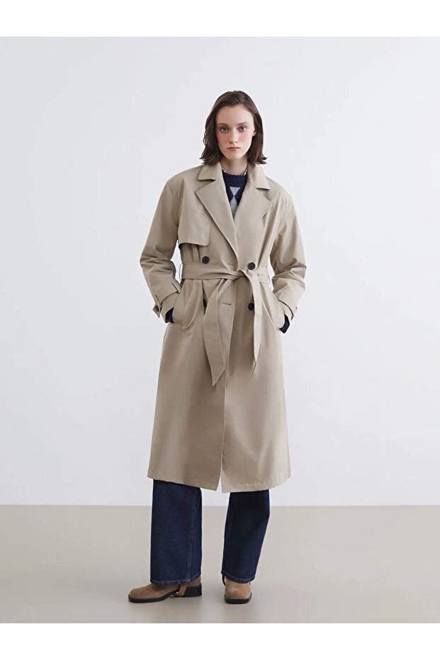 Xside brown Double-Breasted collar women's trench coat
