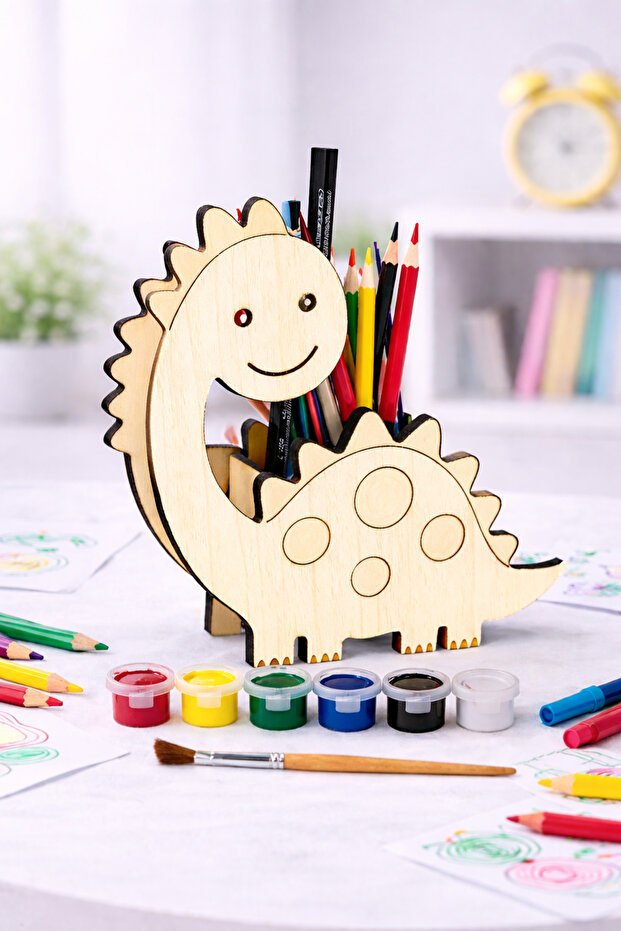 Wooden Painting Dinosaur Figured Pen Holder | Paint Yourself | For School and Workshop Activities