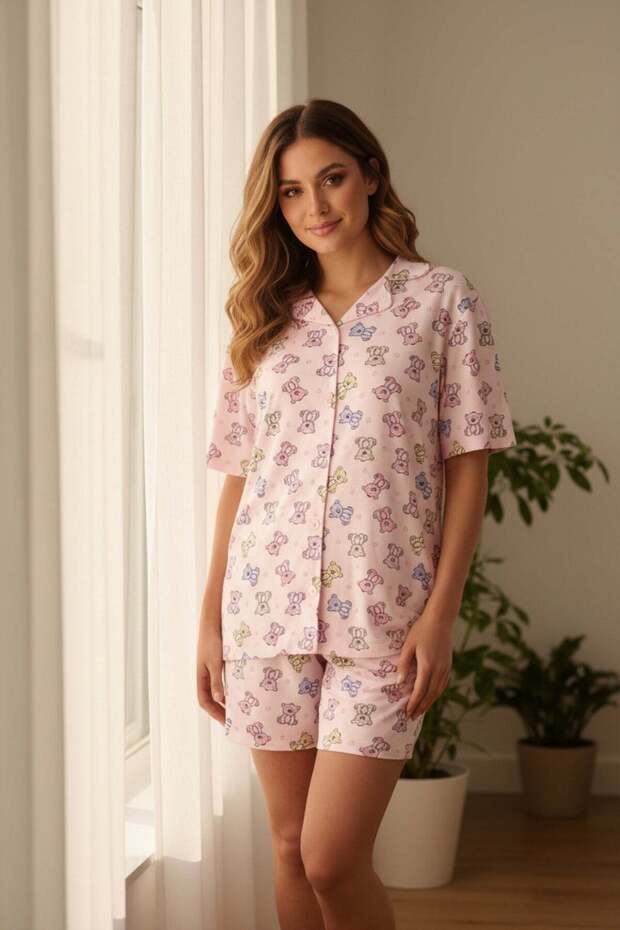 Women's Stretch Fabric Short Sleeve Shorts Buttoned Teddy Bear Patterned Pajama Set Powder