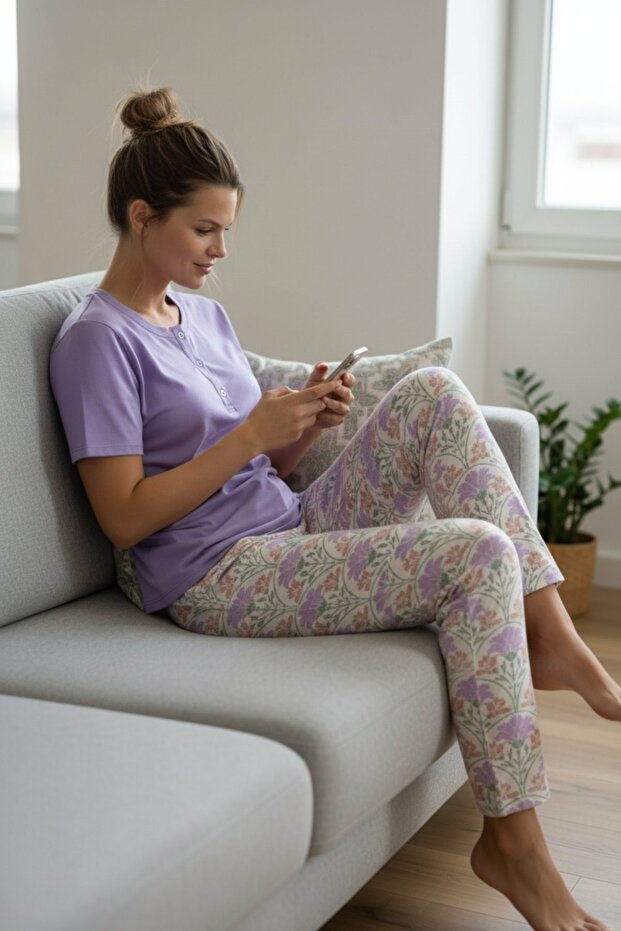 Women's Short Sleeve Stretch Fabric Buttoned Collar Pajama Set Lilac