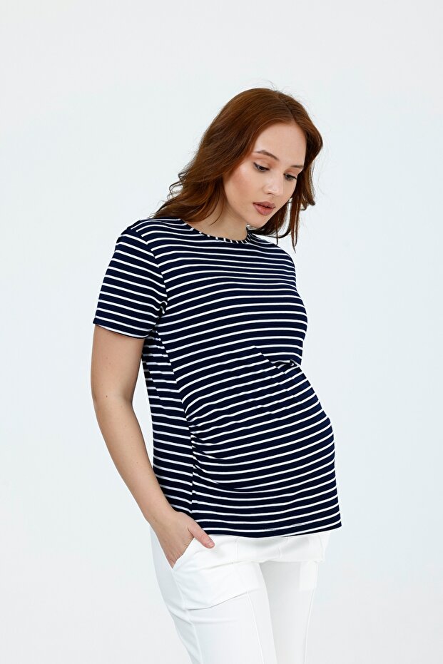 Maternity Short Sleeve Striped Pattern T-Shirt, Lycra Pieces of Viscose Fabric (Navy Blue)