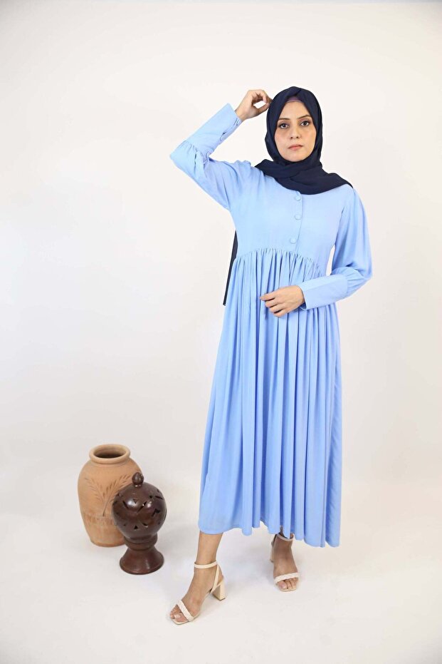 Shaati - Mystical Linen Maxi Dress with Ruffles Detailing and Snug Fitting Sleeves - Baby Blue