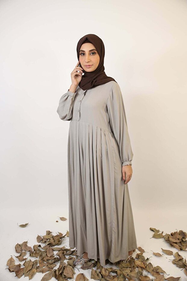 Rasmi - Sophisticated Linen Smock Dress with Pleated Front - Slate Gray