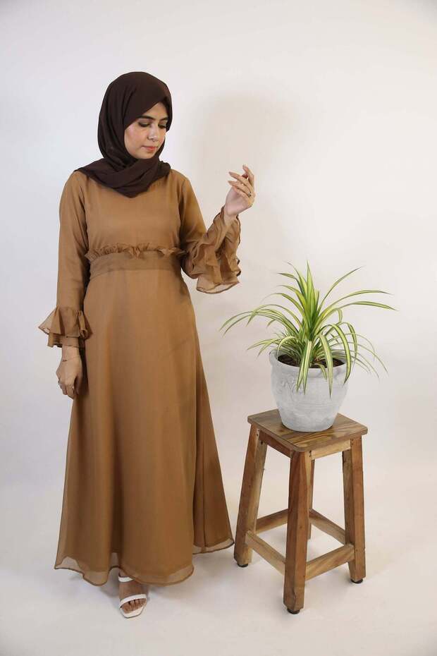 Khaki-Graceful Chiffon Lined Tiered Sleeves Belted Maxi Dress - Taupe Brown