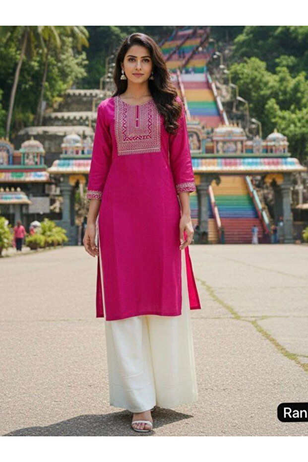 Pink Embroidered Kurti with Plazzo Set - HRT5969 | Pink