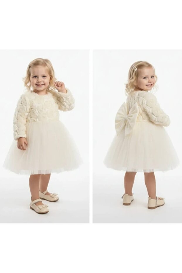 Baby Girl-Child Snap Closure Rose Embossed Skirt Tulle Lined Bow Decoration Chiffon Dress