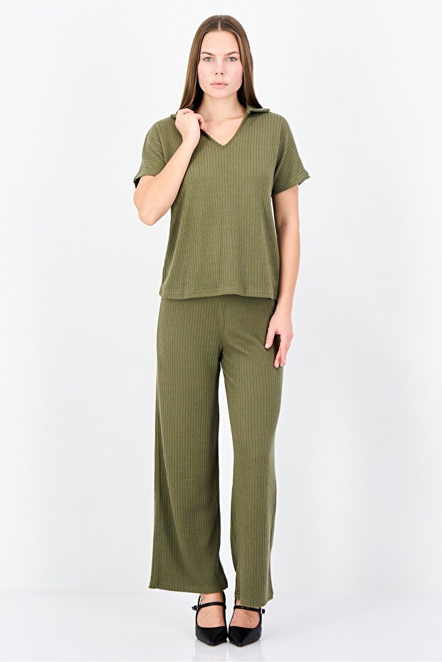 Women 2 Pieces Textured Short Sleeve Top And Bottom Set, Olive