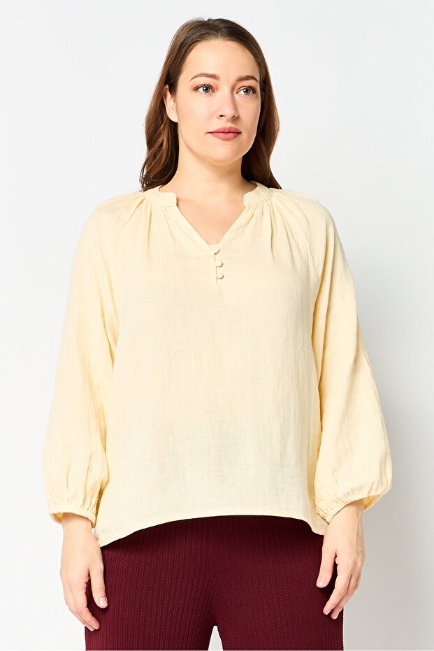 Women V-Neck Solid Long Sleeve Blouse, Light Yellow