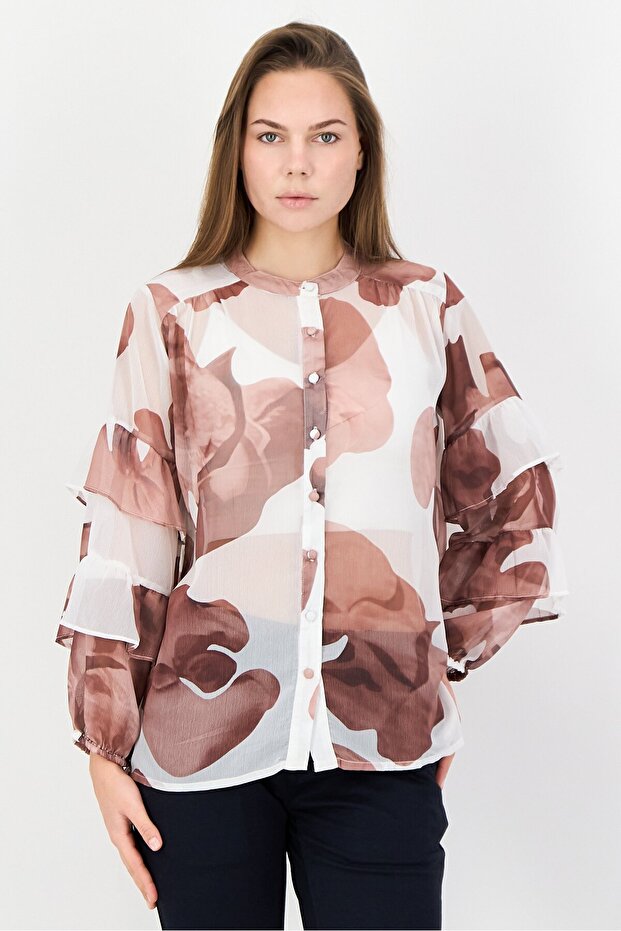 Women Crew Neck Long Sleeve Floral Blouse, Multicolor