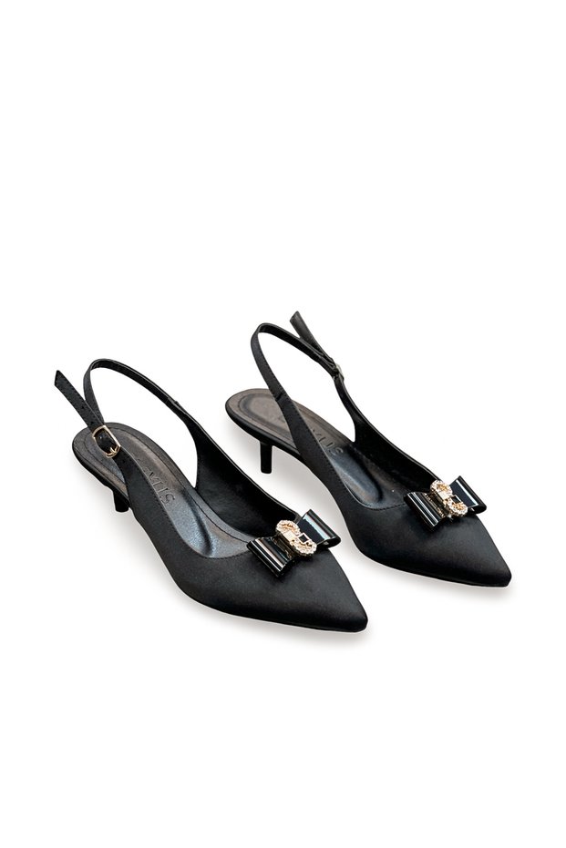 Women's Black Satin Medium Heel Stiletto Buckled New Season Hk1096