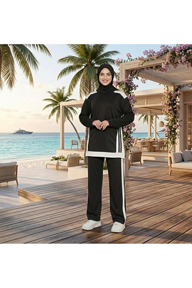 Women's Striped Detail Modest Tracksuit Set - Relaxed Fit Drapey Fabric