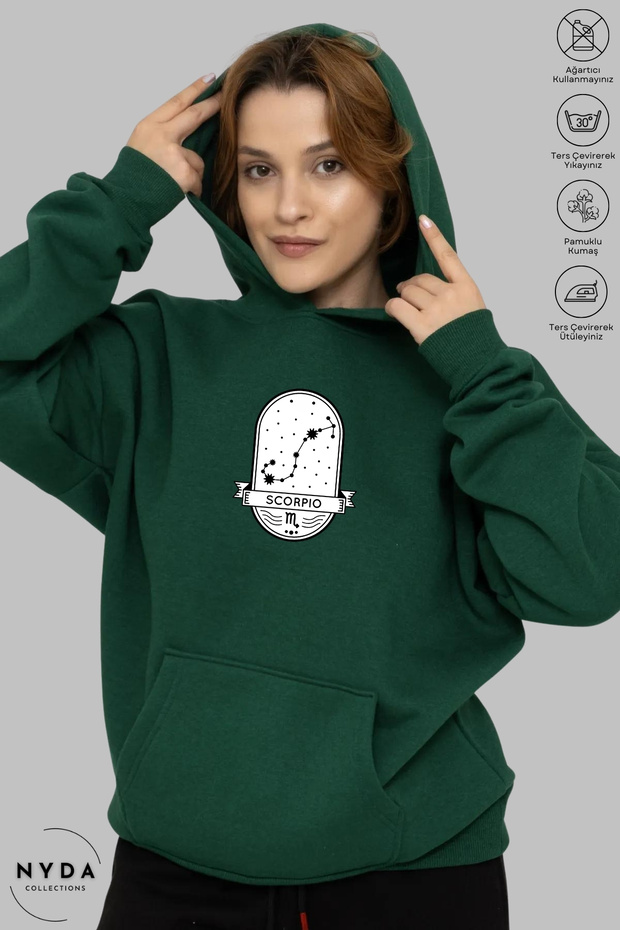 Unisex Hoodie Long Sleeve Scorpio a Crepe Printed Hooded Brushed Inside Oversized 100% Cotton Combed Cotton Sweatshirt