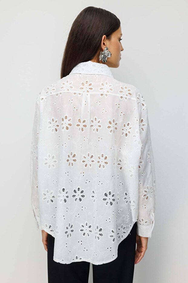Çiçek İşlemeli Pamuklu Gömlek - 6
