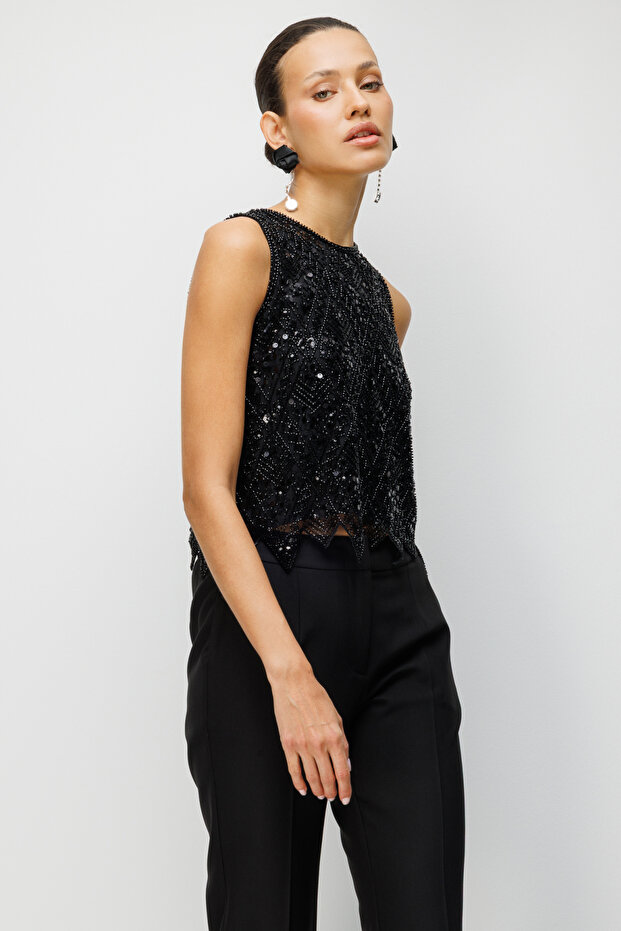 Pullu Payetli Kolsuz Bluz - 2