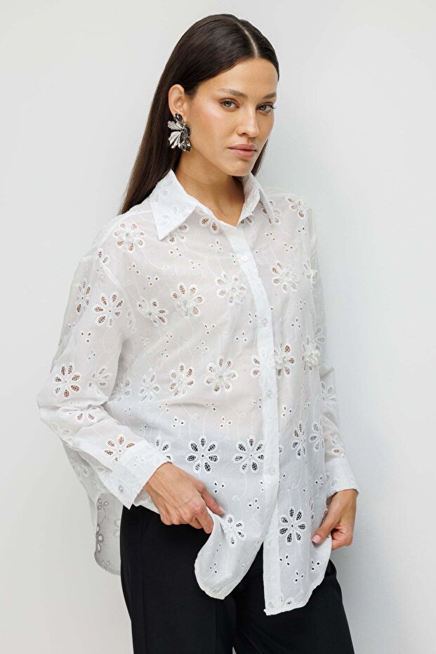 Çiçek İşlemeli Pamuklu Gömlek - 2