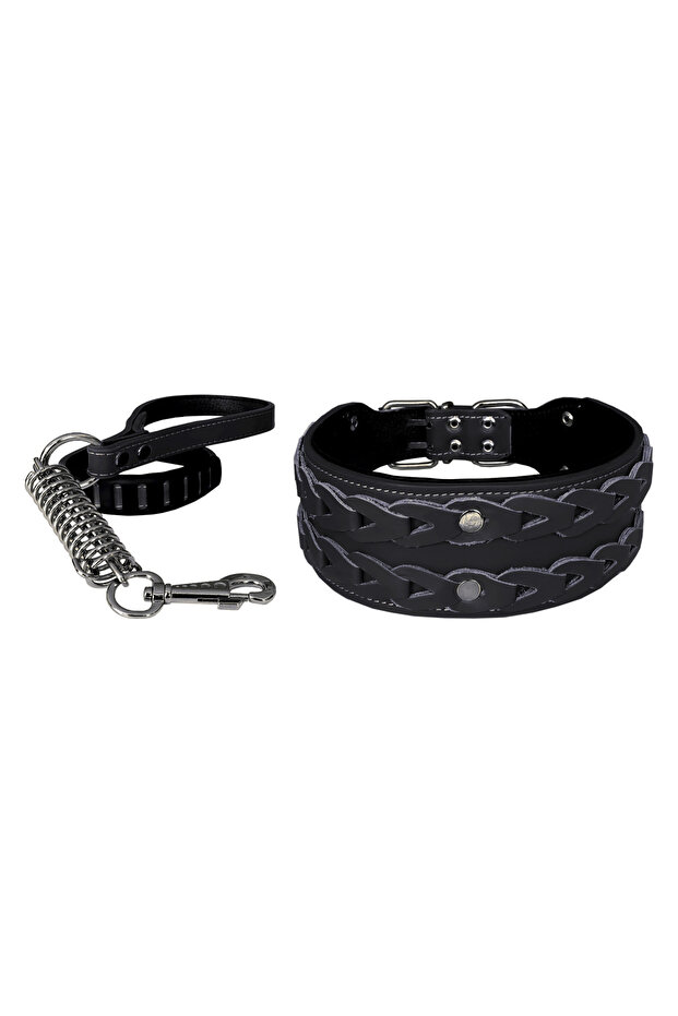 Markapet Elegance Leather Embroidered Luxury Dog Collar Set XL 7 Cm*60-68 cm Black - Dr-5003