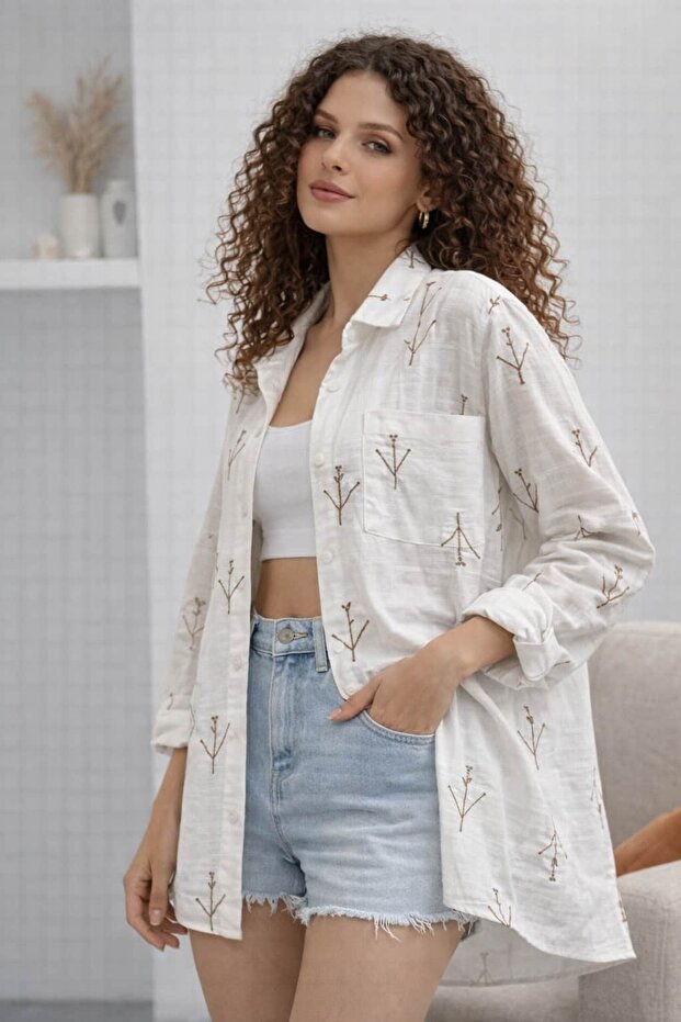Nakışlı Keten Gömlek TR0935 - 2