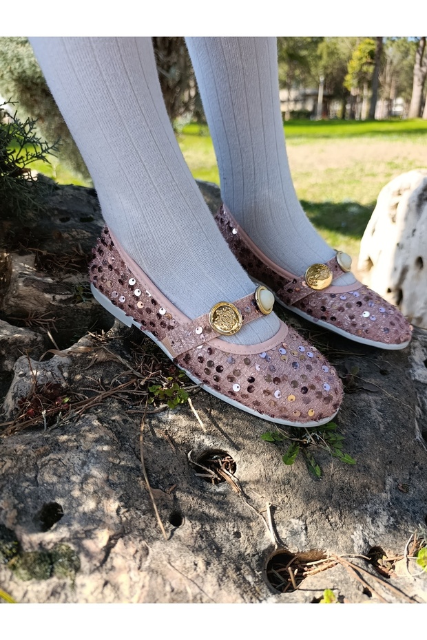 Girl's Sequined Glittery Accessory Detail Comfortable Sole Children's Ballet Flats Shoes