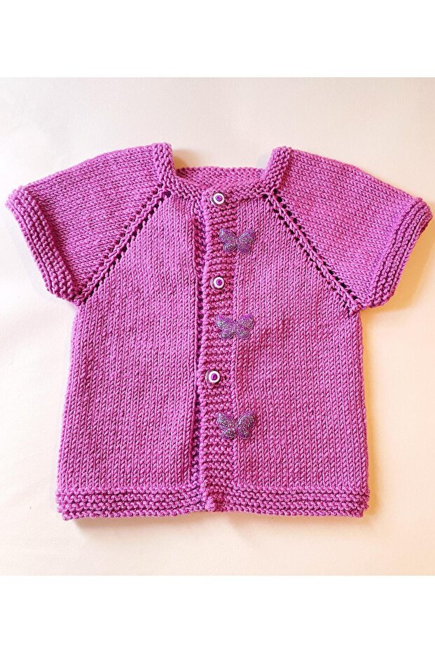 Baby Hand Knitted Vest Lilac -Pink Thread with Glittery Butterfly Decorations 1 Year Old