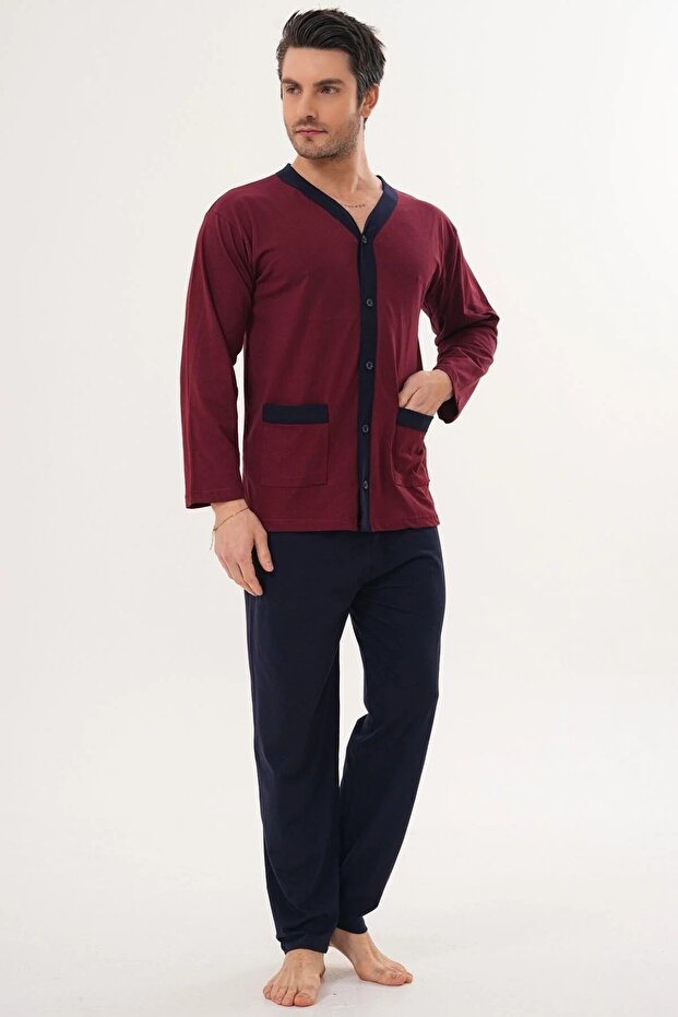 Long Sleeve Buttoned 100% Cotton Men's Pajama Set of Cotton