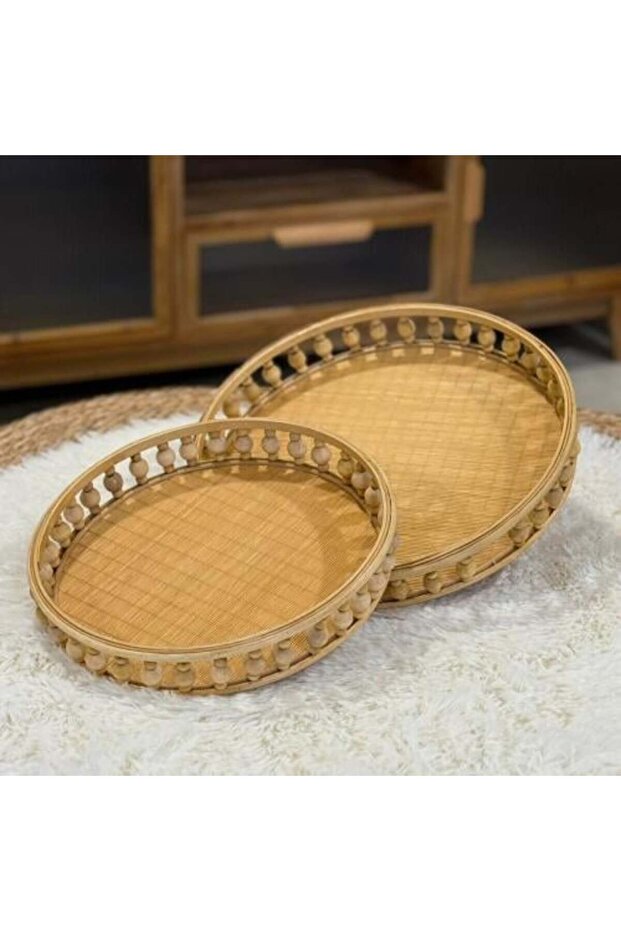 صينية تقديم راتان خشب Round Rattan Wood Serving Tray