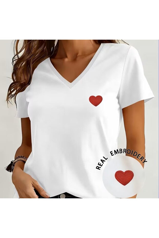 Printed T-Shirt. Short Sleeve V Neck Summer & Spring Casual Top, Women's Clothing