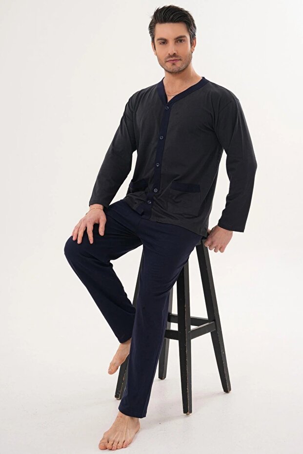 Long Sleeve Buttoned 100% Cotton Men's Pajama Set of Cotton