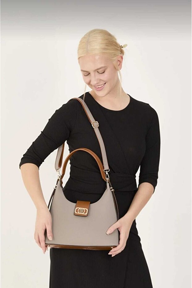 Women's Gold Buckled Adjustable Strap Piece Set with Separate Inner Compartments, Daily Stylish Cross Shoulder and Hand Bag Bag