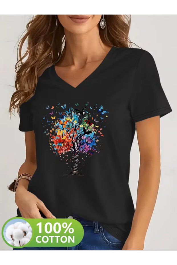 Printed T-Shirt. Short Sleeve V Neck Summer & Spring Casual Top, Women's Clothing