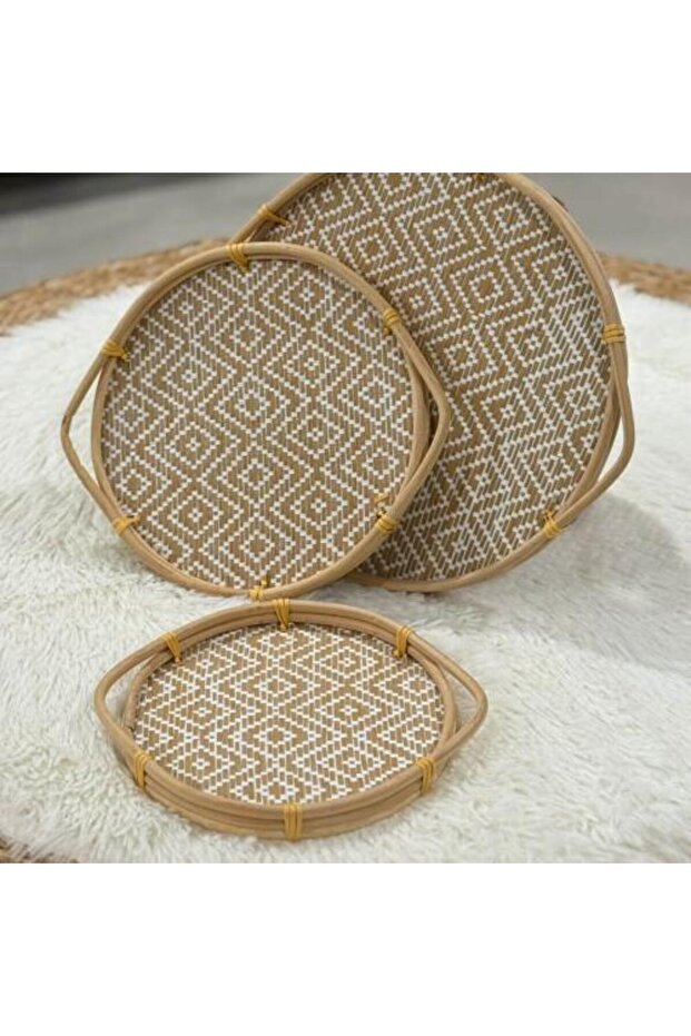 صينية تقديم راتان خشب Round Rattan Wood Serving Tray