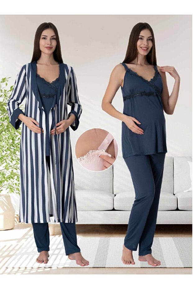 Dvina Maternity Striped Suspender Pajama Set with Dressing Gown - Navy Blue