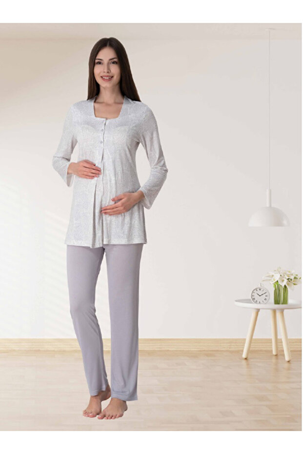 Dvina Maternity Long Sleeve Patterned Pajama Set - Gray