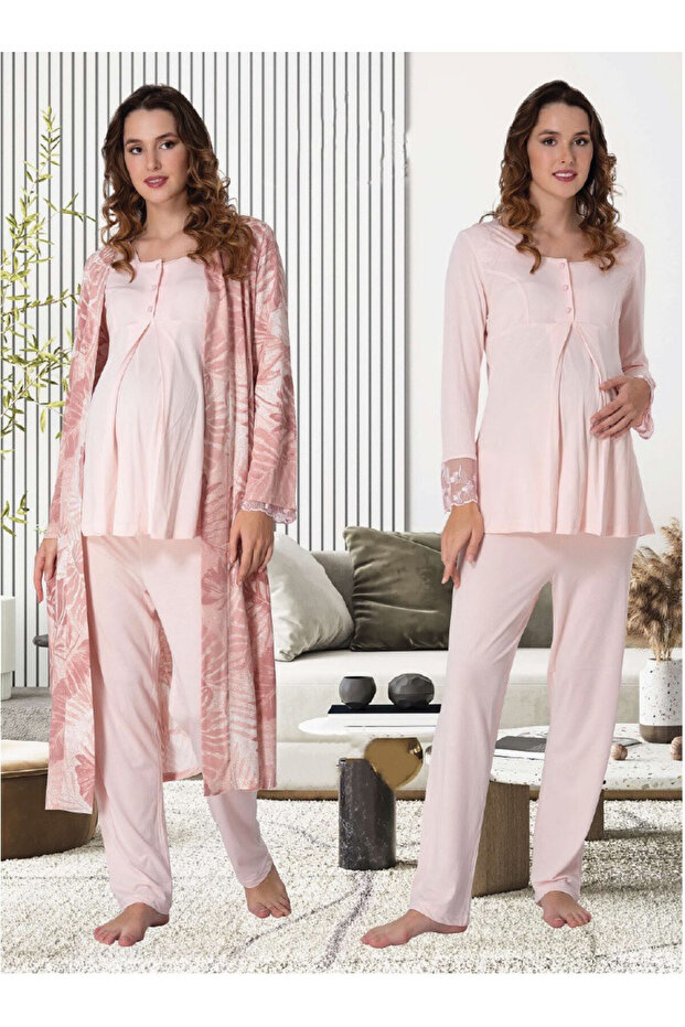Dvina Maternity Long Sleeve Pajama Set with Dressing Gown Patterned - Pink