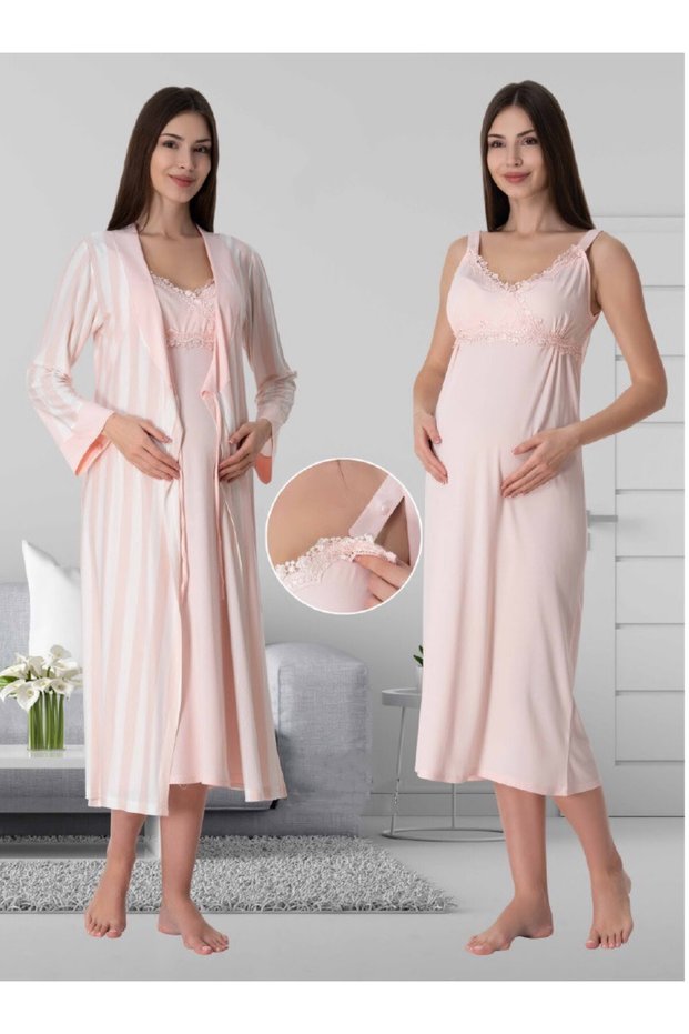 Dvina Maternity Striped Dressing Gown and Strap Nightgown Set - Set of 2 - Pink