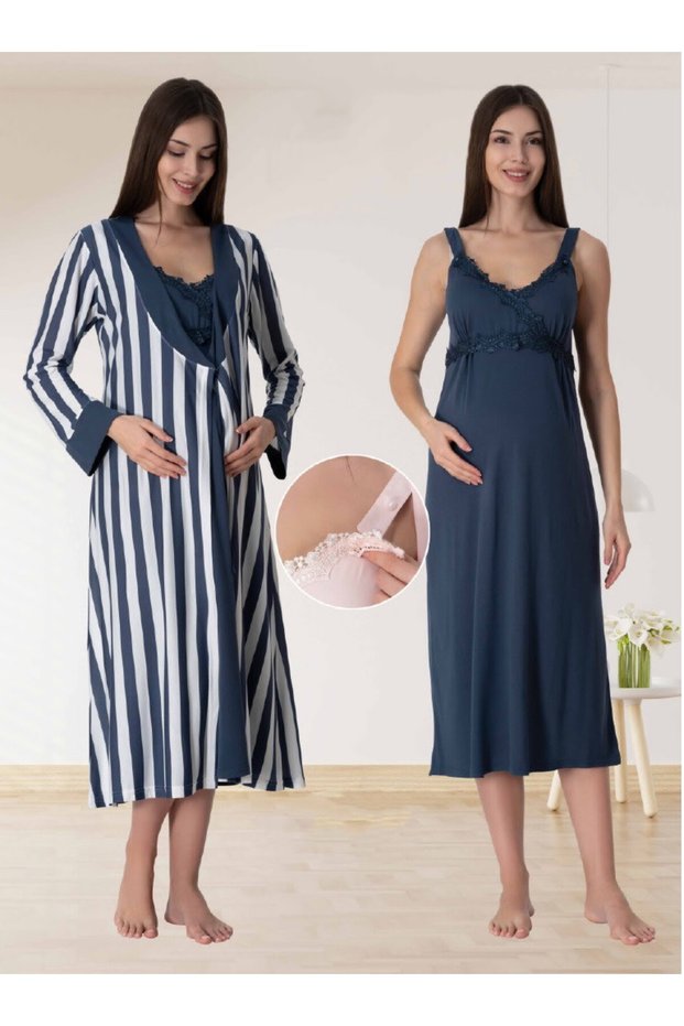 Dvina Maternity Striped Dressing Gown and Strap Nightgown Set - Set of 2 - Navy Blue