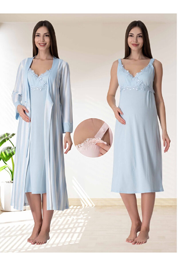 Dvina Maternity Striped Dressing Gown and Strap Nightgown Set - Set of 2 - Blue