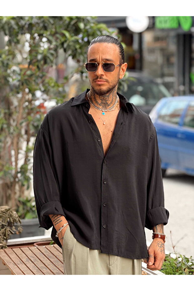 قميص أوفر سايز بيزك قماش مودال أسود - 1