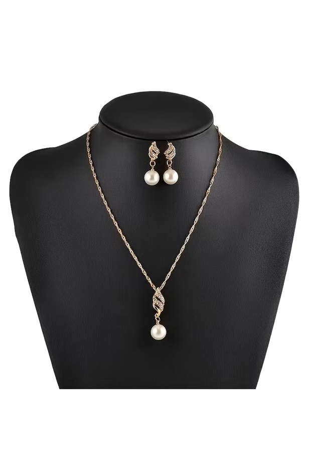 Pearl Zircon Embellished, Necklace, Earrings, Jewelry Set, in Wooden Box