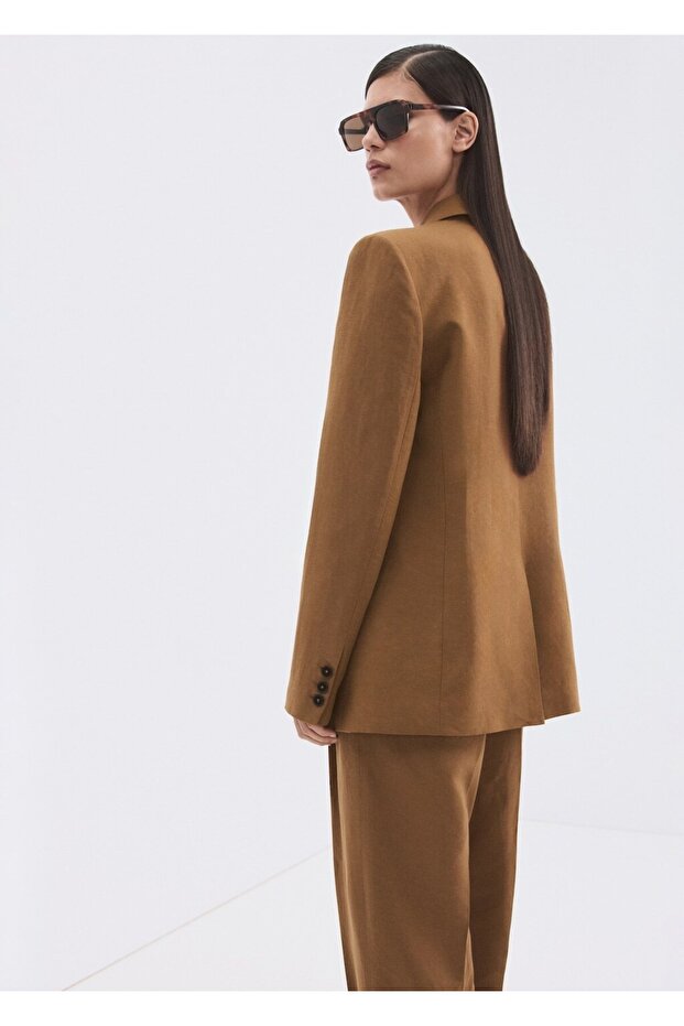 Çift düğmeli keten blazer ceket - 4