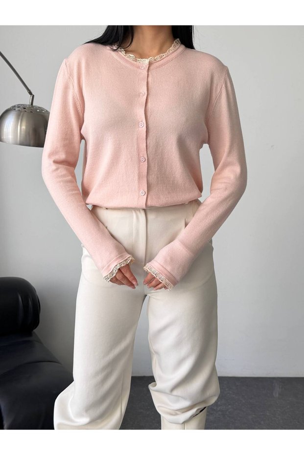 Lace Collar and Sleeve Detail Button Knitwear Cardigan & Blouse