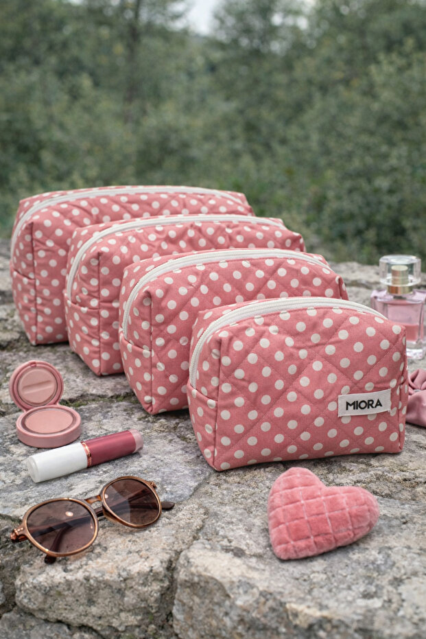 Pink Polka Dot Piece Makeup and Accessory Set Bag - Set of 4