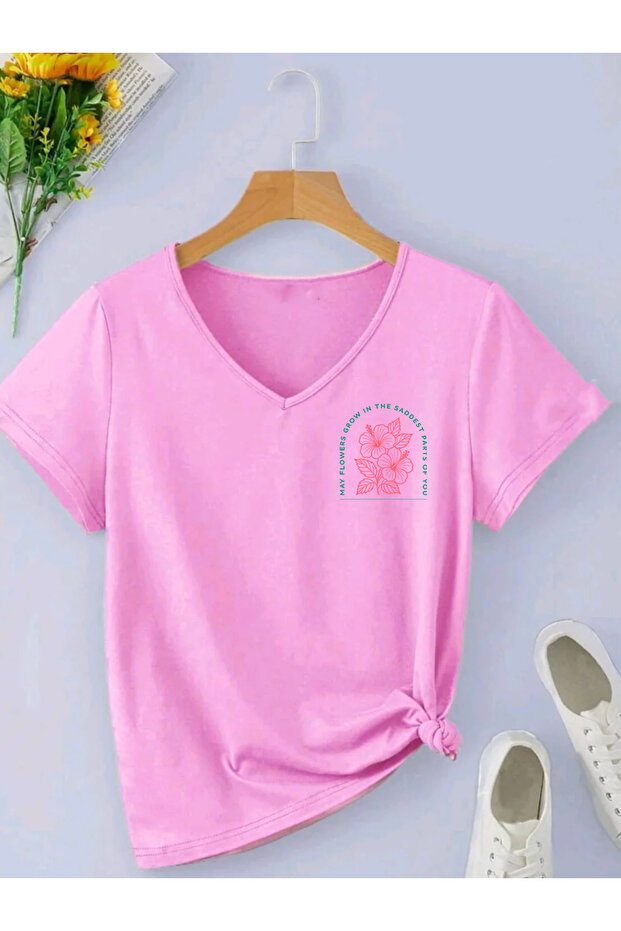 Hibiscus Printed V-Neck Short Sleeved Women's Combed Cotton T-Shirt