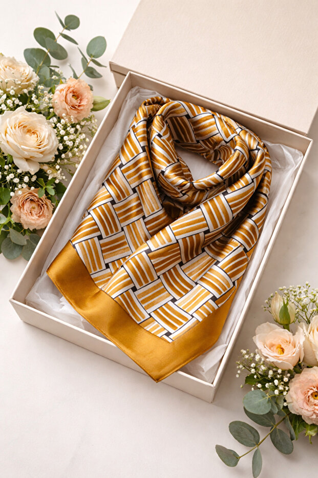 وشاح ساتان مستطيل الشكل من Minelesharp Hardal بنقشة هندسية – مكمل أنيق وعصري - 2