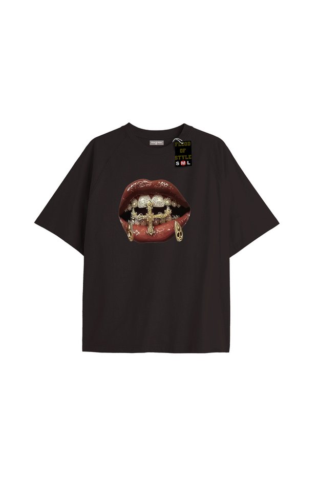 Black Oversized T-Shirt Lip Teeth Printed Stone Pattern Litee Special Design
