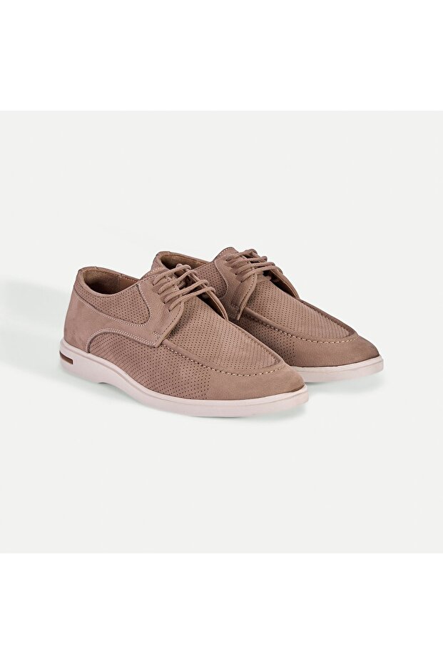 Men's Beige Lace-Up Nubuck Leather Perforated Casual Shoes