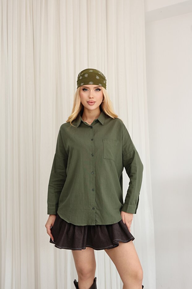 Women's Linen Oversized Shirt, Long and Comfortable Cut, Pocketed Buttons, Stylish Model Suitable for Hijab Combination.